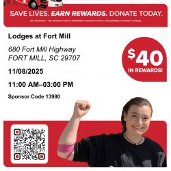 🩸 Be someone’s reason to smile! 😄
Our community has heart, and together we can make a difference. ❤️

Join us for the Lodges at Fort Mill Community Blood Drive on Saturday, November 8th from 11 AM – 3 PM at the Lodges at Fort Mill Clubhouse.

Every drop counts — your donation can help save lives and strengthen our community! 💪
#LodgesAtFortMill #CommunityCares #BloodDrive #GiveBloodSaveLives #FortMillCommunity