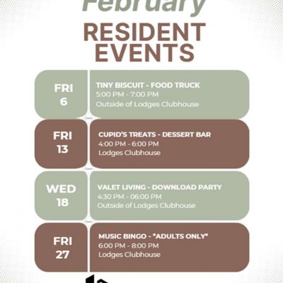 ✨ February at The Lodges = good food, sweet treats & fun nights! ✨

We’re excited to share what’s coming up for our residents this month — mark your calendars and come hang out with us!

🍔 Tiny Biscuit Food Truck
📅 Fri, Feb 6 | ⏰ 5–7 PM
📍 Outside the Clubhouse

🍰 Cupid’s Treats Dessert Bar
📅 Fri, Feb 13 | ⏰ 4–6 PM
📍 Lodges Clubhouse

📲 Valet Living Download Party
📅 Wed, Feb 18 | ⏰ 4:30–6 PM
📍 Outside the Clubhouse

🎶 Music Bingo (Adults Only)
📅 Fri, Feb 27 | ⏰ 6–8 PM
📍 Lodges Clubhouse

Stay tuned for reminders and updates in the Resident App — we can’t wait to see you there! 🤎

#LodgesAtFortMill #ResidentEvents #CommunityLiving #FortMillLiving
