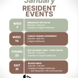 🎉 JANUARY FUN AT LODGES FORT MILL! 

Kick off 2026 with food, creativity, and community vibes — there’s something for everyone! 👀

🥐 Jan 7 | 8:00 AM – BREAKFAST ON THE GO
Fuel your morning with a grab-and-go breakfast! Start your day right 😋✨

🕯️ Jan 14 | 6:00 PM – CANDLE MAKING CLASS - Get cozy, get creative, and craft your own amazing candle!
⚡ Seats are limited — RSVP in the app to save your spot!

🚚 Jan 22 | 5:00 PM – Q’S CULINARY CART FOOD TRUCK @qsculinarycart - Your taste buds won’t want to miss this! Delicious bites, fun vibes, and zero dishes 🍔🔥

🩸 Jan 31 | 3:00 PM – COMMUNITY BLOOD DRIVE - Give back and make a difference in our community 💖
⚡ RSVP in the app to sign up!

Bring your friends, your appetite, and your good vibes — let’s make January unforgettable! ✨

#LodgesFortMill #ResidentLife #CommunityFun #JanuaryEvents #FortMillLiving