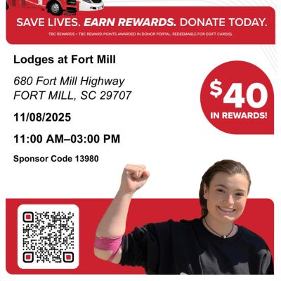 🩸 Be someone’s reason to smile! 😄
Our community has heart, and together we can make a difference. ❤️

Join us for the Lodges at Fort Mill Community Blood Drive on Saturday, November 8th from 11 AM – 3 PM at the Lodges at Fort Mill Clubhouse.

Every drop counts — your donation can help save lives and strengthen our community! 💪
#LodgesAtFortMill #CommunityCares #BloodDrive #GiveBloodSaveLives #FortMillCommunity
