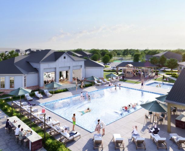 A community swimming pool area with people lounging, swimming, and socializing, surrounded by greenery and residential buildings under a clear sky. A whole new way to live: introducing the Lodges at Fort Mill.