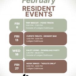 ✨ February at The Lodges = good food, sweet treats & fun nights! ✨

We’re excited to share what’s coming up for our residents this month — mark your calendars and come hang out with us!

🍔 Tiny Biscuit Food Truck
📅 Fri, Feb 6 | ⏰ 5–7 PM
📍 Outside the Clubhouse

🍰 Cupid’s Treats Dessert Bar
📅 Fri, Feb 13 | ⏰ 4–6 PM
📍 Lodges Clubhouse

📲 Valet Living Download Party
📅 Wed, Feb 18 | ⏰ 4:30–6 PM
📍 Outside the Clubhouse

🎶 Music Bingo (Adults Only)
📅 Fri, Feb 27 | ⏰ 6–8 PM
📍 Lodges Clubhouse

Stay tuned for reminders and updates in the Resident App — we can’t wait to see you there! 🤎

#LodgesAtFortMill #ResidentEvents #CommunityLiving #FortMillLiving