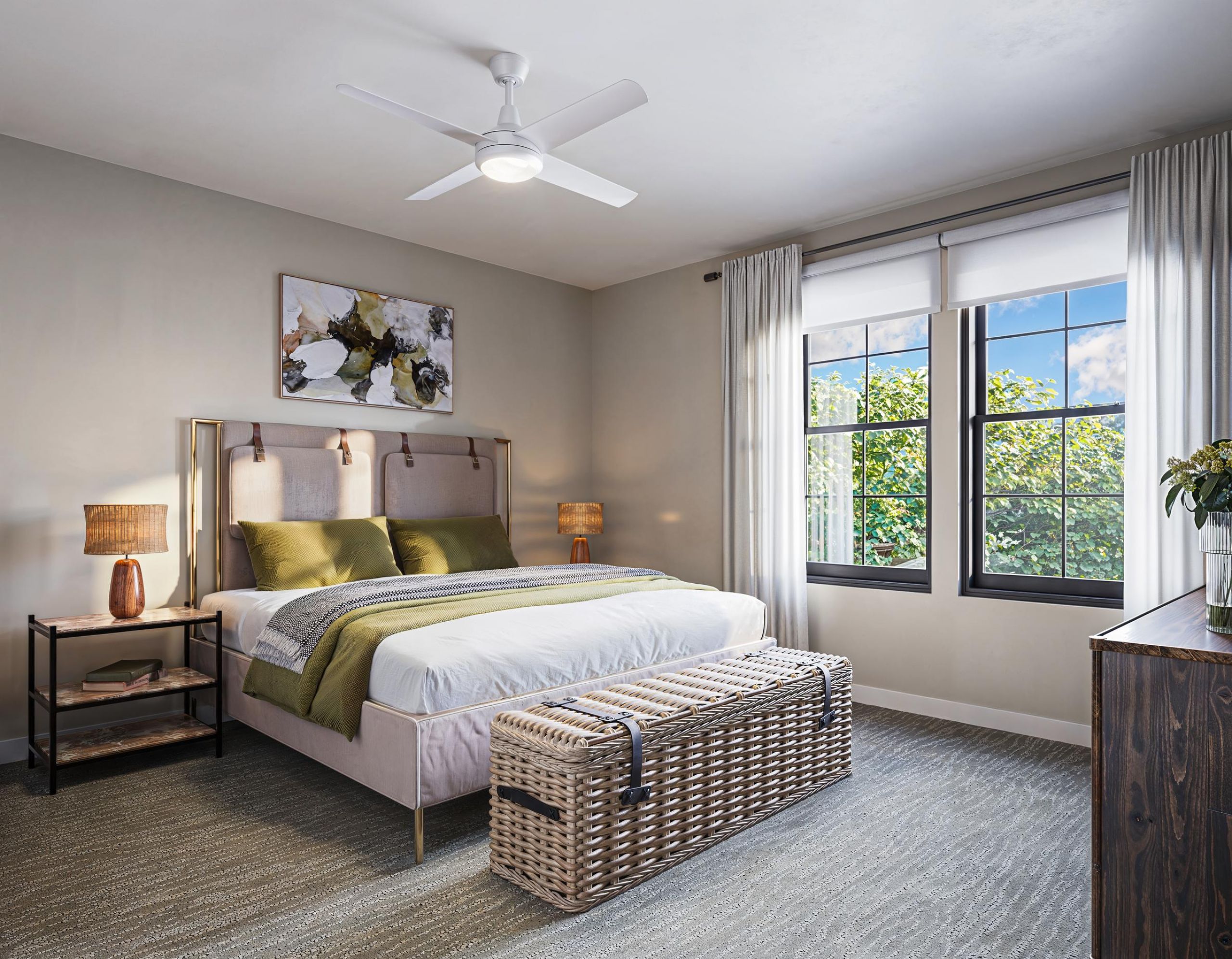 The Lodges at Fort Mill interior home design rendering showing well decorated bedroom with natural light