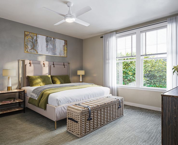 Bedroom with a bed, green bedding, two nightstands, lamps, a wicker bench at the foot, large window, and abstract wall art.