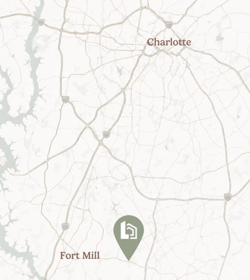 Map showing the location between Charlotte and Fort Mill, with a marker placed near Fort Mill.